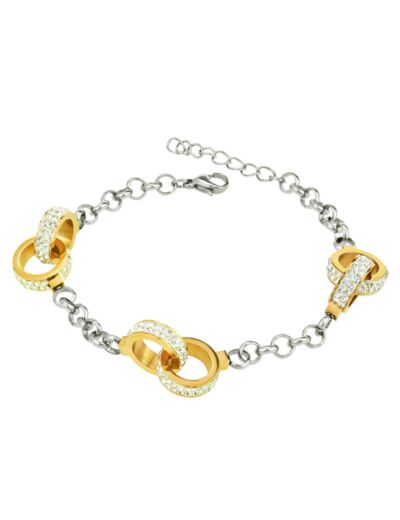 BRACELET EN ACIER 3 MENOTTES DOREES AVEC STRASS