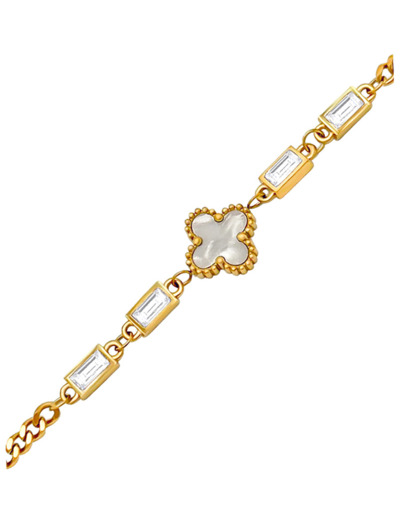 BRACELET EN ACIER DORE AVEC TREFLE NACRE BLANC ET STRASS RECTANGULAIRE