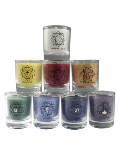 Claraline : Ensemble de 8 petites bougies - 7 chakras et Lotus Blanc