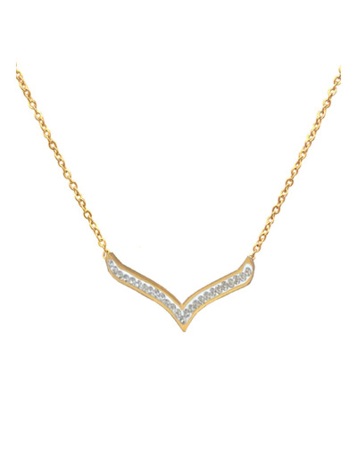 COLLIER EN ACIER DORE MOTIF V ALLONGE AVEC STRASS