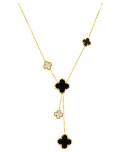 COLLIER EN ACIER DORE 5 TREFLES REVERSIBLES NOIR ET NACRE