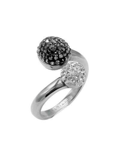 BAGUE EN ACIER 2 BOULES AVEC STRASS BLANCS ET NOIRS