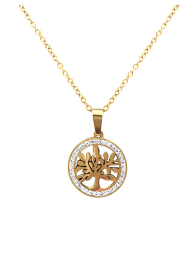 COLLIER EN ACIER DORE PENDENTIF ARBRE DE VIE AVEC STRASS