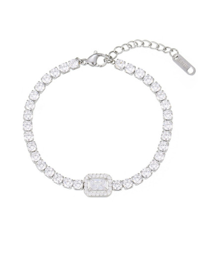 BRACELET RIVIERE EN ACIER RECTANGLE CENTRAL AVEC STRASS ET SOLITAIRE