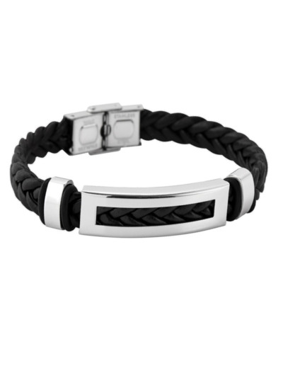 BRACELET EN CUIR NOIR ET PLAQUE EN ACIER