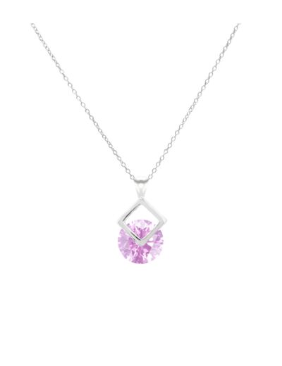 COLLIER EN ARGENT PENDENTIF CARRE SOLITAIRE ROSE CLAIR