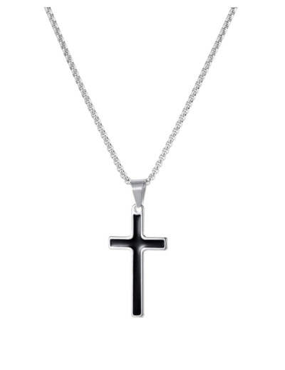 COLLIER EN ACIER PENDENTIF CROIX NOIRE