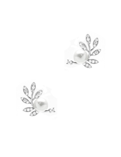 BOUCLES D'OREILLES EN ARGENT FEUILLE ET PERLE