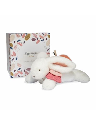 Coffret peluche lapin blanc et rose happy boho