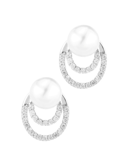 BOUCLES D'OREILLES EN ARGENT 2 OVALES AVEC PIERRES ET PERLE