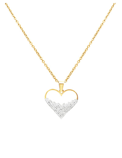 COLLIER EN ACIER DORE PENDENTIF COEUR AVEC STRASS