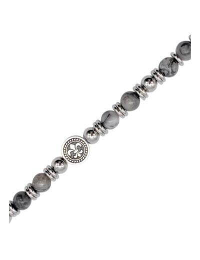 BRACELET PIERRES JASPE GRIS MOTIF FLEUR DE LYS