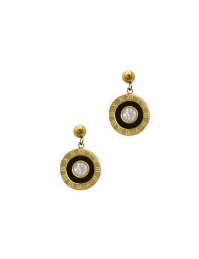 BOUCLES D'OREILLES EN ACIER DORE ROND CHIFFRES ROMAINS CERCLE NOIR ET STRASS