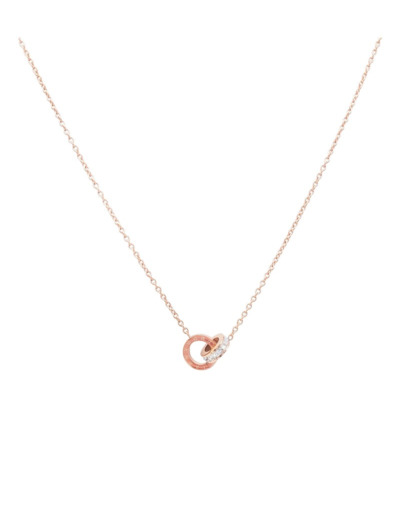 COLLIER EN ACIER ROSE 2 CERCLES STRASS ET CHIFFRES ROMAINS