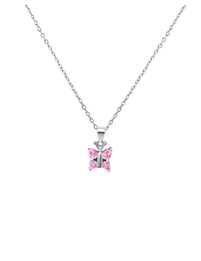 COLLIER EN ARGENT PENDENTIF PAPILLON AVEC PIERRES ROSES