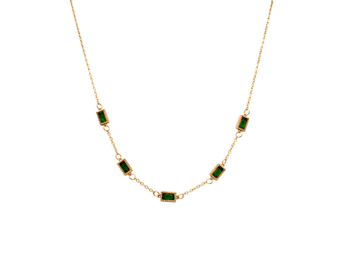 COLLIER EN ACIER DORE AVEC PIERRES VERT EMERAUDE