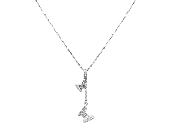 COLLIER EN ACIER PENDENTIF DOUBLE PAPILLONS ET STRASS