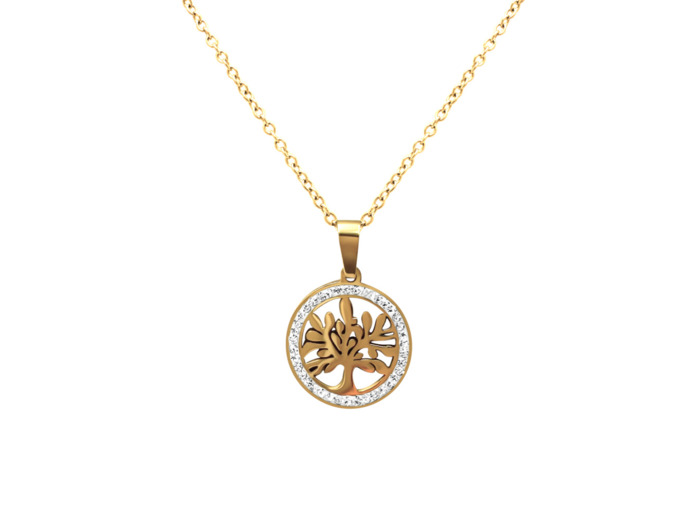 COLLIER EN ACIER DORE PENDENTIF ARBRE DE VIE AVEC STRASS