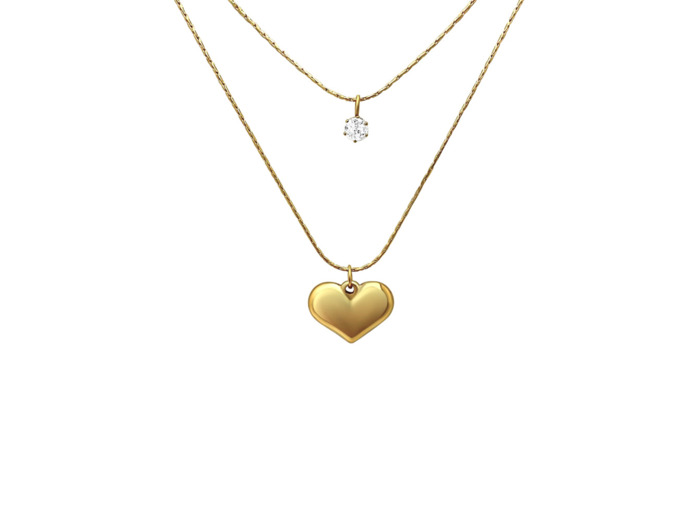 COLLIER EN ACIER DORE DOUBLE CHAINE AVEC COEUR ET SOLITAIRE