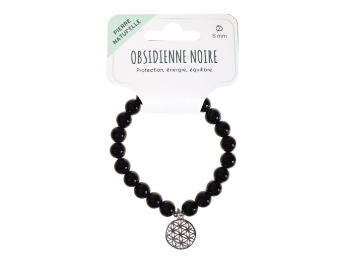 Claraline : Bracelet Obsidienne Noire Perles 8 mm et Fleur de Vie