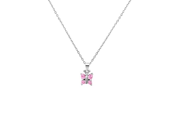 COLLIER EN ARGENT PENDENTIF PAPILLON AVEC PIERRES ROSES