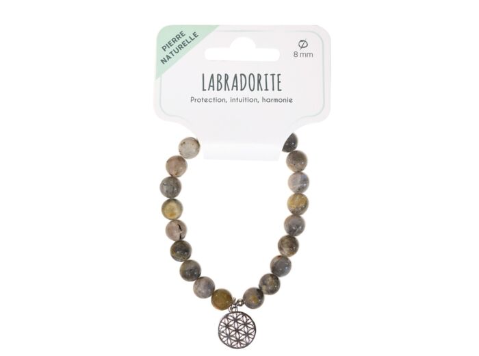 Claraline : Bracelet Labradorite Perles 8 mm et Fleur de Vie