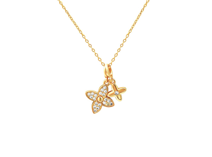 COLLIER EN ACIER DORE PENDENTIF DOUBLE FLEURS AVEC STRASS