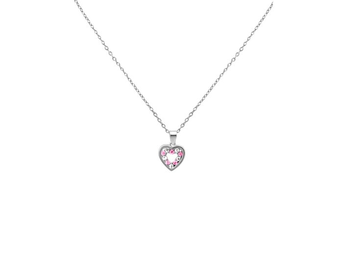 COLLIER EN ARGENT PENDENTIF COEUR AVEC PIERRES ROSES ET BLANCHES