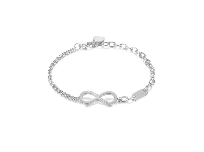 BRACELET EN ACIER INFINI AVEC STRASS ET PLAQUETTE