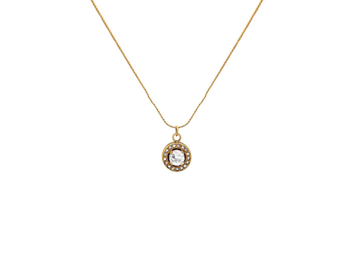 COLLIER EN ACIER DORE PENDENTIF ROND AVEC STRASS ET SOLITAIRE