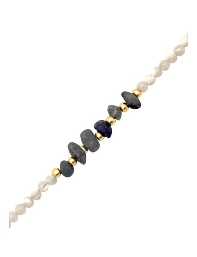 BRACELET BILLES BLANCHES ET DOREES AVEC PIERRES GRISES et BLEUES