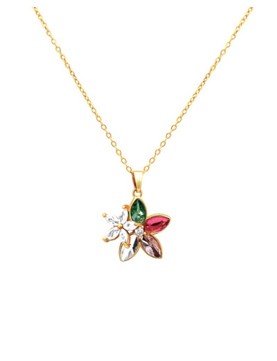 COLLIER EN ACIER DORE AVEC PENDENTIF DOUBLE FLEURS MULTI COULEUR