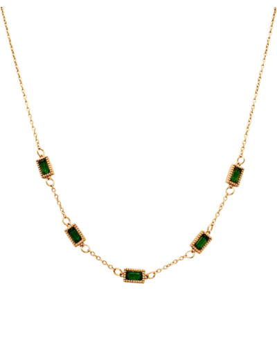 COLLIER EN ACIER DORE AVEC PIERRES VERT EMERAUDE