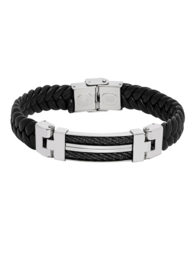 BRACELET EN CUIR ET ACIER ET CABLES NOIRS