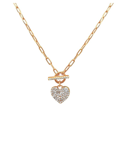 COLLIER EN PLAQUE OR AVEC COEUR ET ZIRCONIUM  FERMOIR BARRE