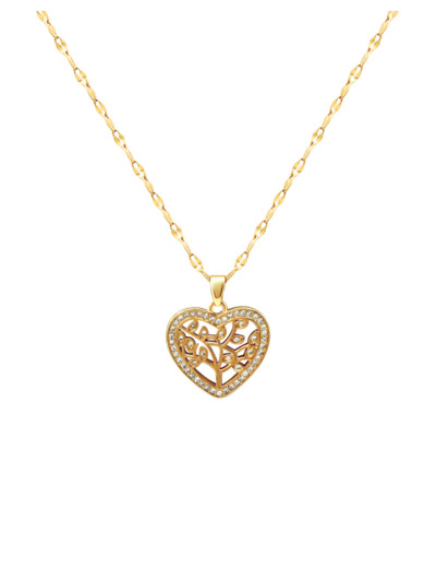 COLLIER EN ACIER DORE PENDENTIF COEUR AVEC ARBRE DE VIE