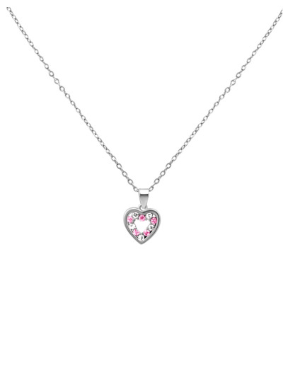 COLLIER EN ARGENT PENDENTIF COEUR AVEC PIERRES ROSES ET BLANCHES