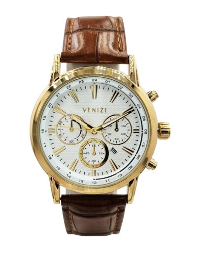 Montre Venizi dorée avec dateur bracelet cuir brun