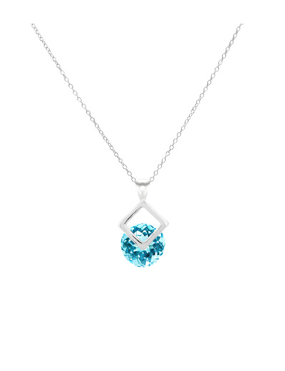 COLLIER EN ARGENT PENDENTIF CARRE ET SOLITAIRE BLEU CLAIR