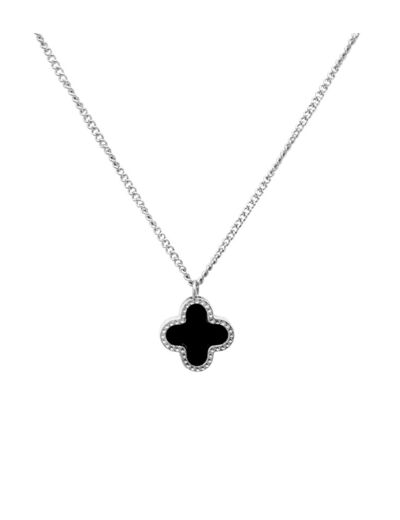 COLLIER EN ACIER PENDENTIF TREFLE NOIR