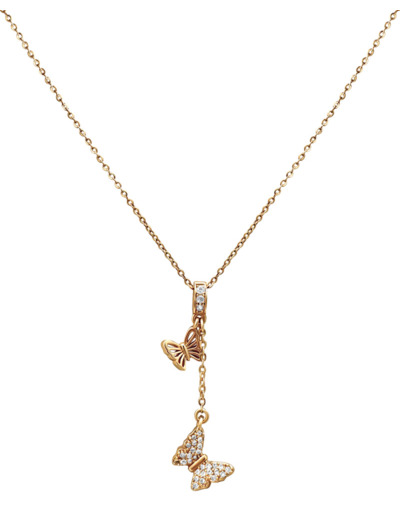 COLLIER EN ACIER DORE PENDENTIF DOUBLE PAPILLONS ET STRASS