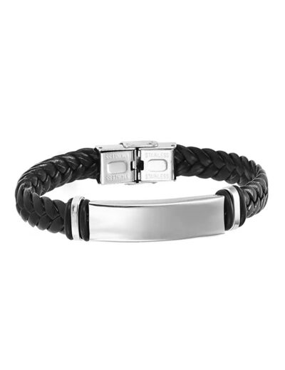 BRACELET EN CUIR NOIR TRESSE ET PLAQUE EN ACIER