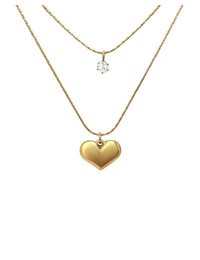 COLLIER EN ACIER DORE DOUBLE CHAINE AVEC COEUR ET SOLITAIRE