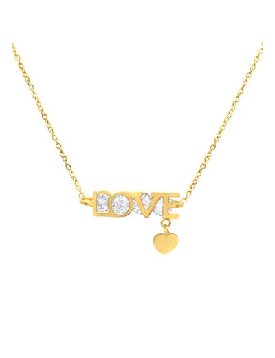 COLLIER EN ACIER DORE LOVE AVEC PIERRES ET COEUR