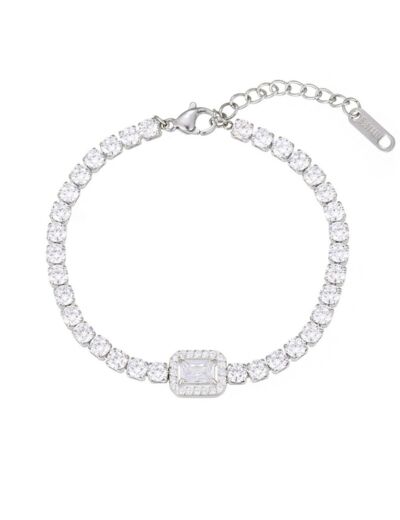 BRACELET RIVIERE EN ACIER RECTANGLE CENTRAL AVEC STRASS ET SOLITAIRE