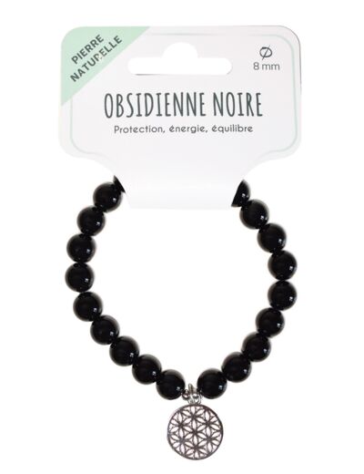 Claraline : Bracelet Obsidienne Noire Perles 8 mm et Fleur de Vie