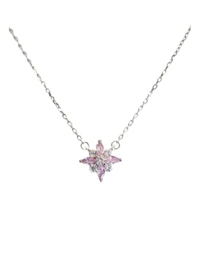 COLLIER EN ARGENT MOTIF FLEUR AVEC PIERRES BLANCHES ET ROSES