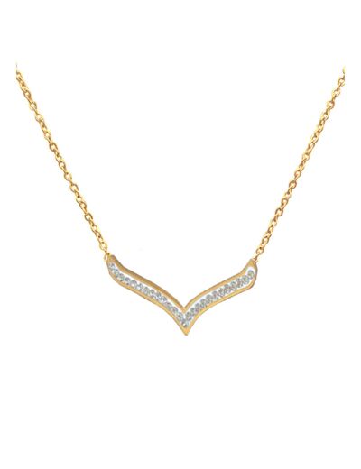 COLLIER EN ACIER DORE MOTIF V ALLONGE AVEC STRASS