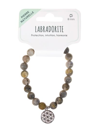 Claraline : Bracelet Labradorite Perles 8 mm et Fleur de Vie