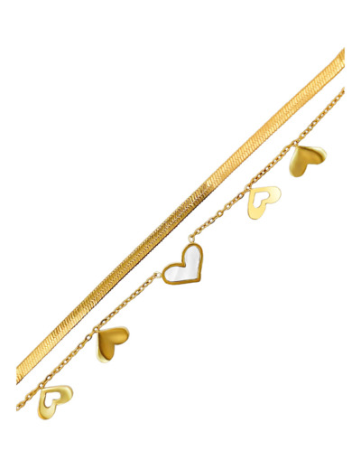 BRACELET EN ACIER DORE DOUBLE MAILLES AVEC COEUR NACRE